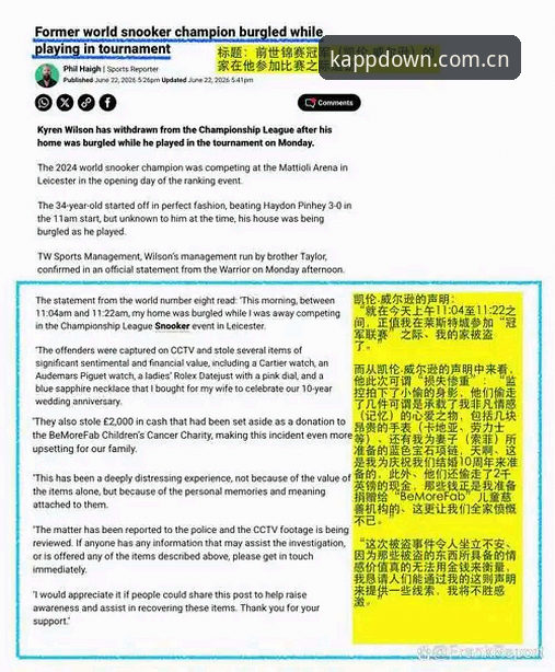 凯伦·威尔逊家中失窃退赛事件全解析：从2000英镑善款到冠军心态的三重冲击